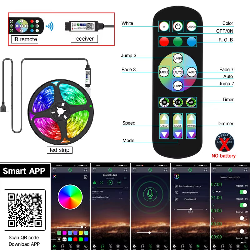 1M-30M USB LED Strip Light Bluetooth RGB 5050 5V RGB Lights Flexible LED Lamp Tape Ribbon TV Desktop Screen Backlight Diode Tape