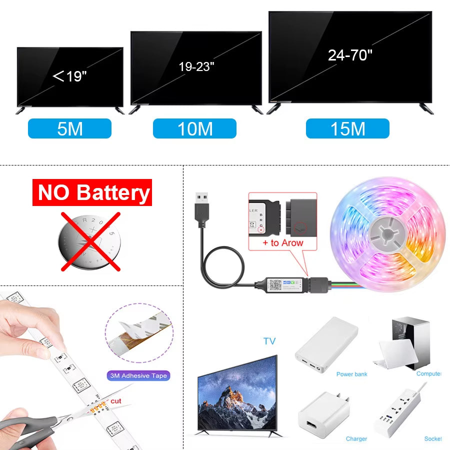 1M-30M USB LED Strip Light Bluetooth RGB 5050 5V RGB Lights Flexible LED Lamp Tape Ribbon TV Desktop Screen Backlight Diode Tape